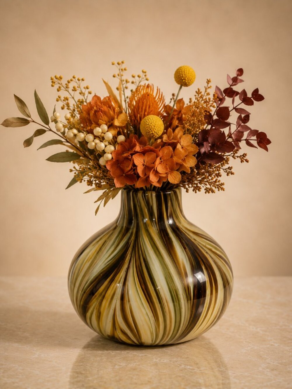 Fall Decor Swirl Art Glass Vase Brown Olive Cream Modern Decorative Vase